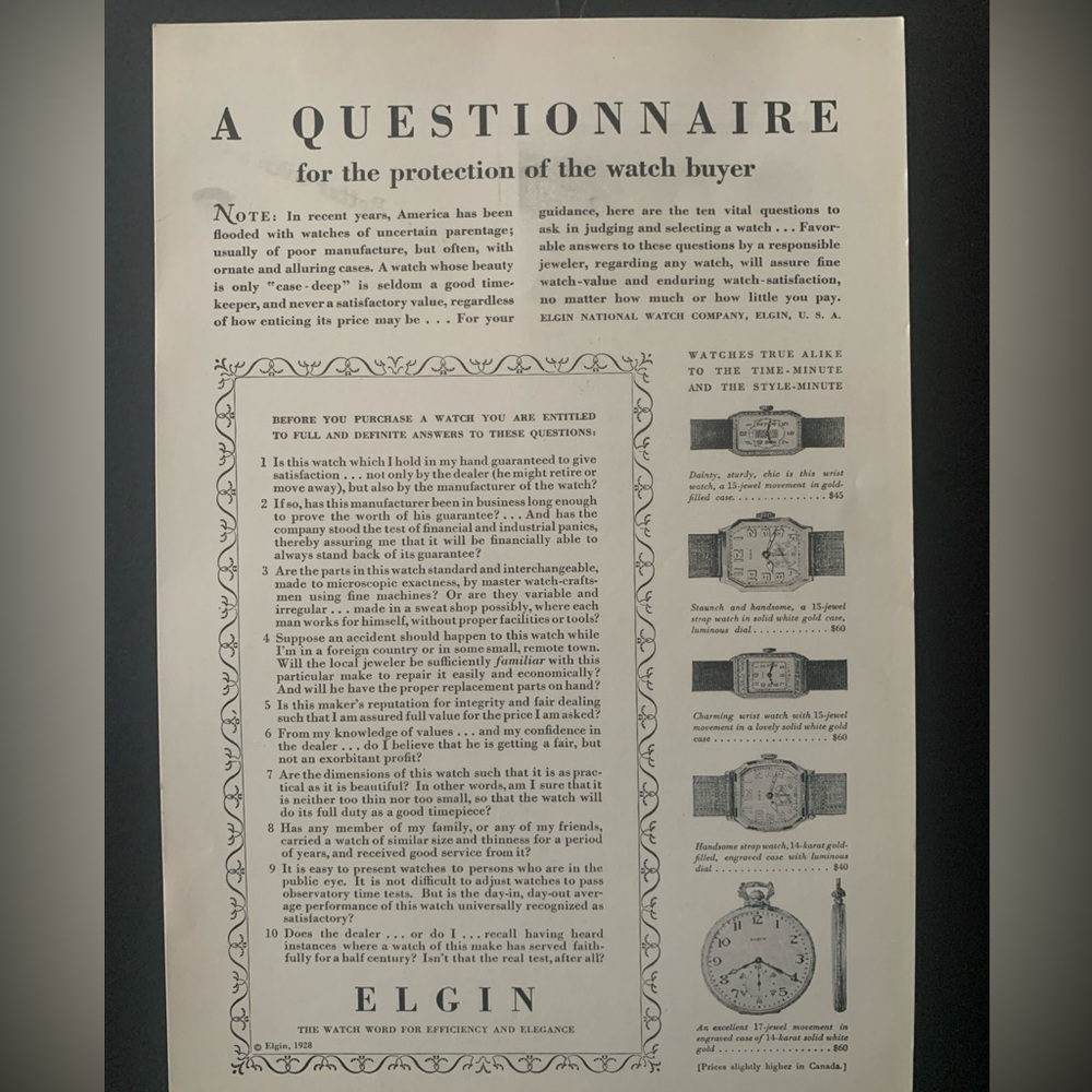 Vintage 1928 Elgin Watch A Questionnaire Ad Advertisement